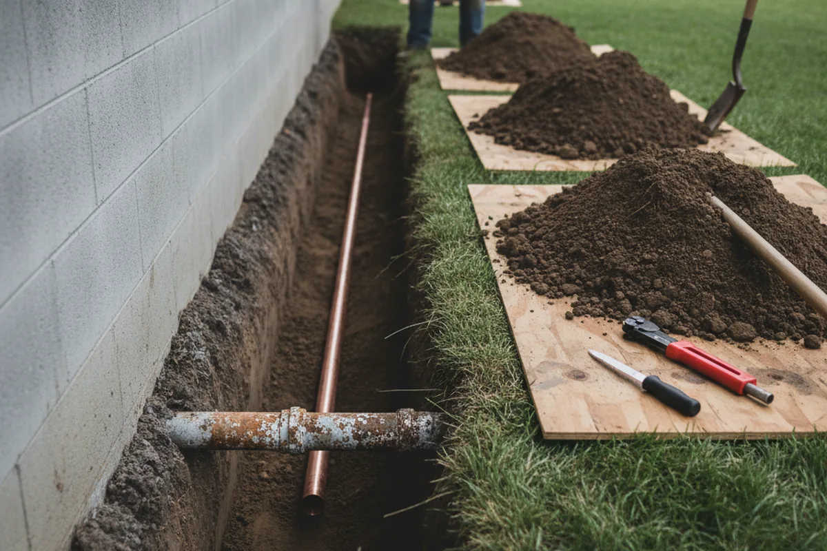 Excavated water line trench during Water Softener Installation in Roseville